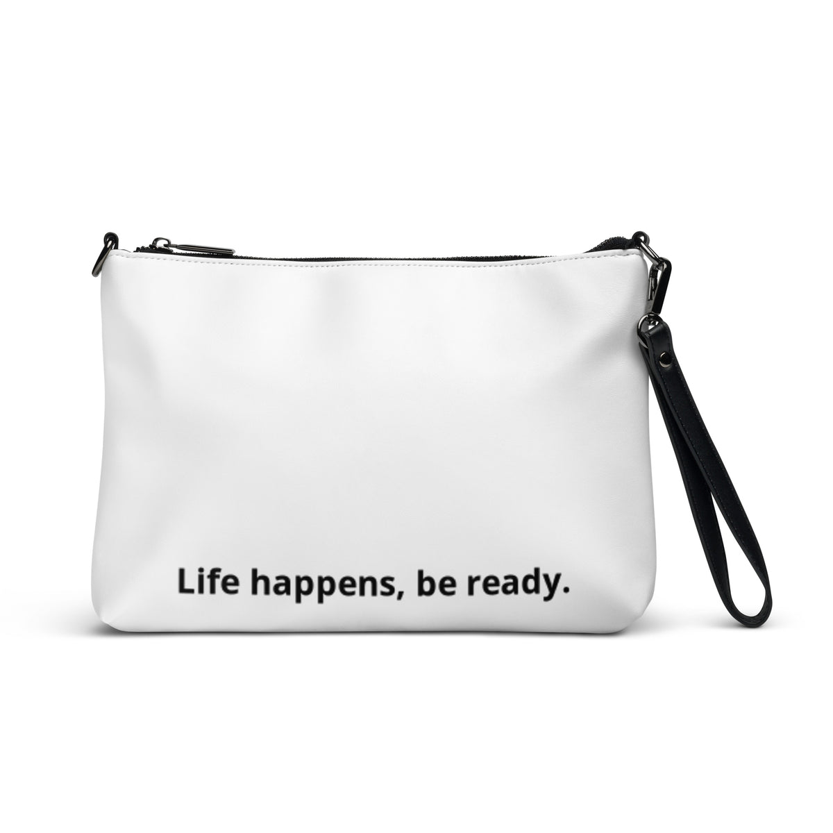 White Life Happens—Be Ready crossbody bag, front view