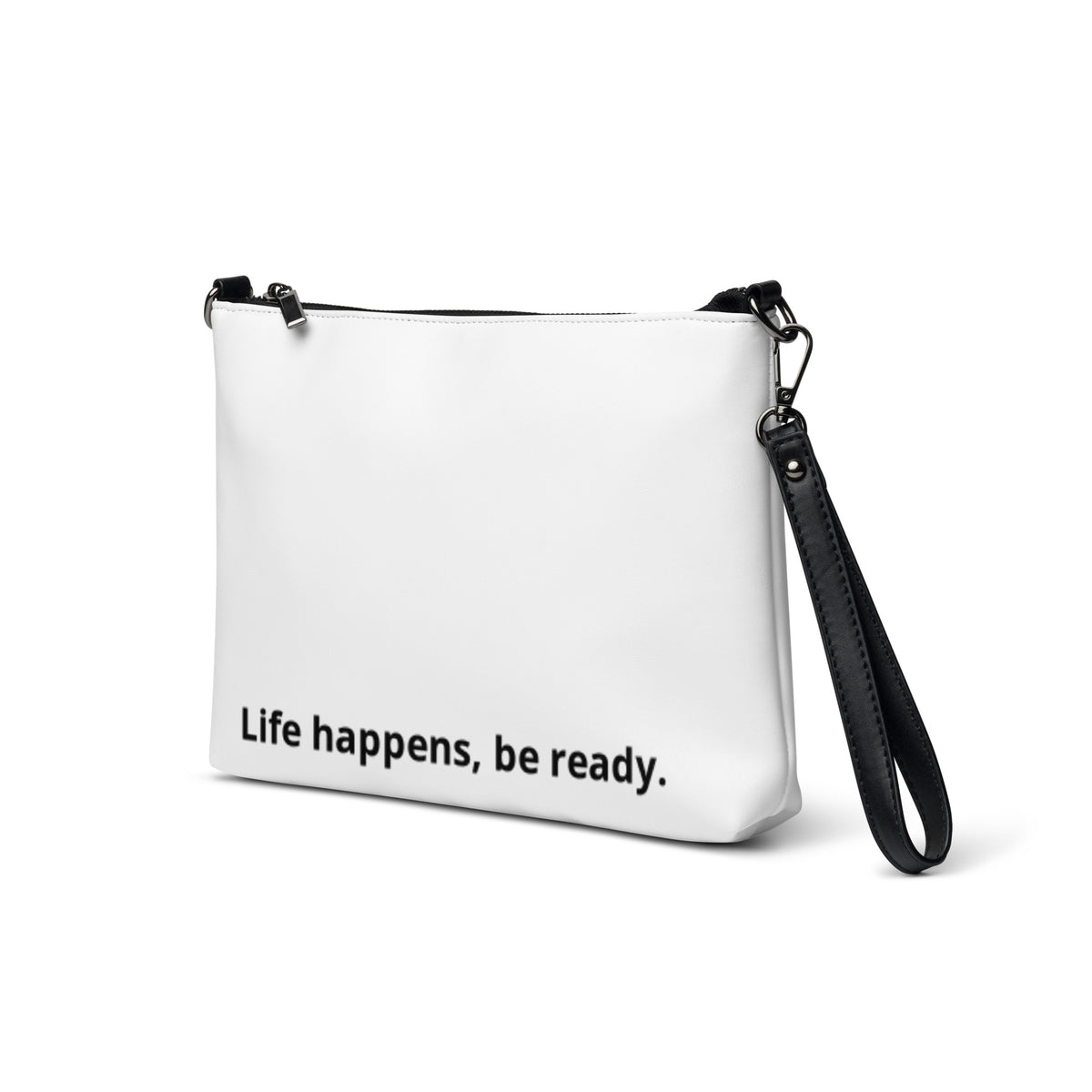 White Life Happens—Be Ready crossbody bag, front view
