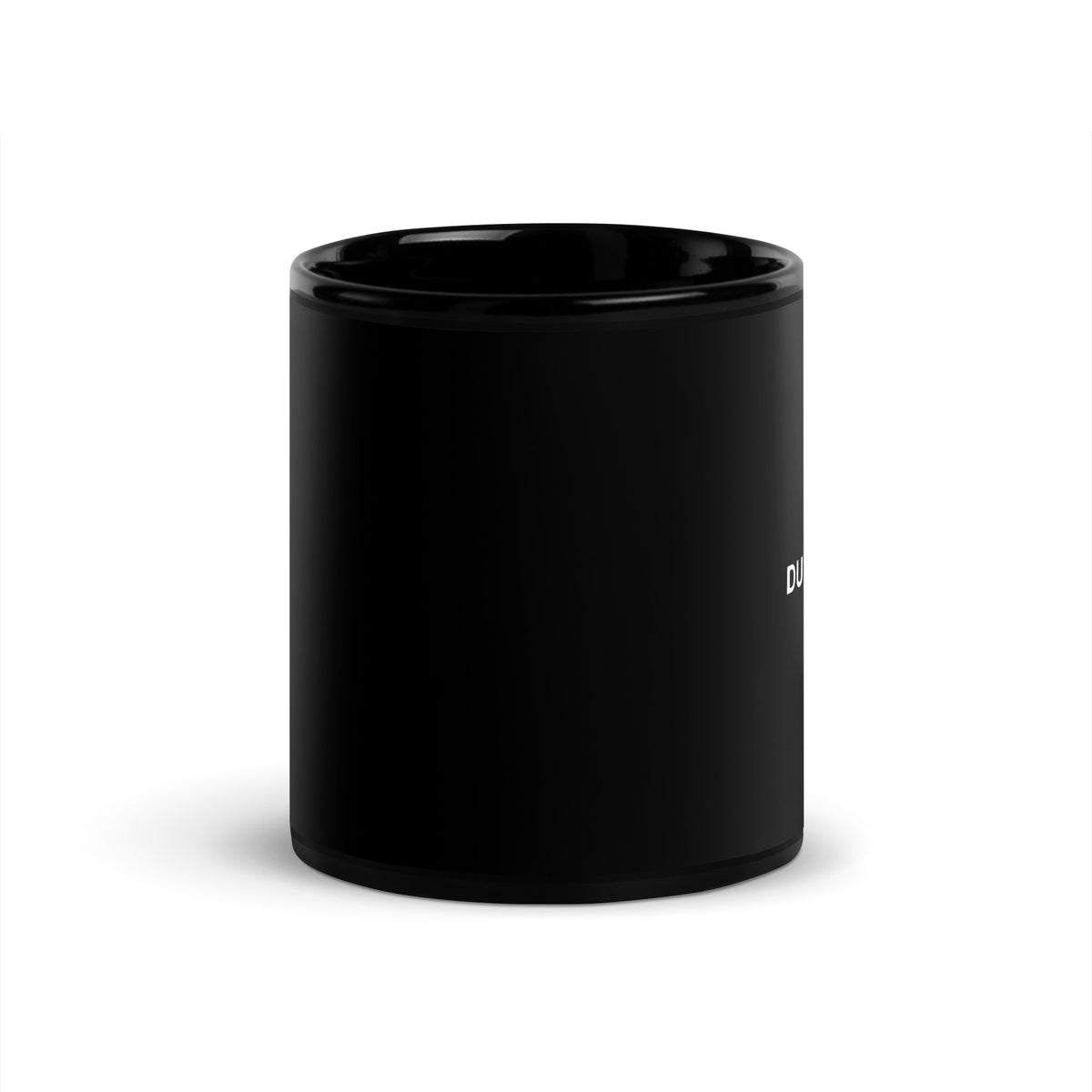 Rear view of black ceramic "Duly Noted." mug
