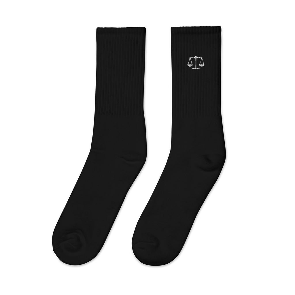 Black Scales of Justice embroidered crew socks, side view