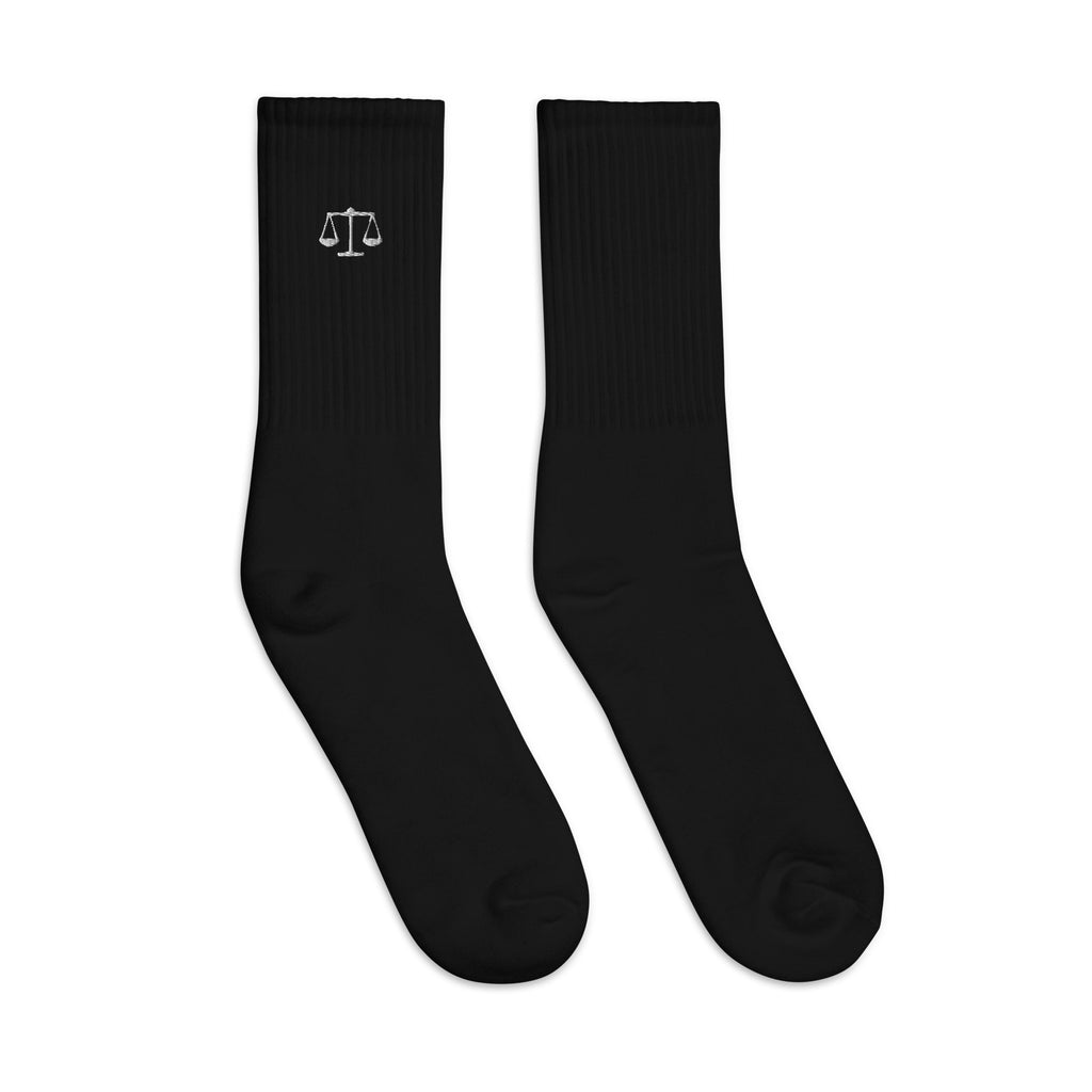 Black Scales of Justice embroidered crew socks, opposite side view