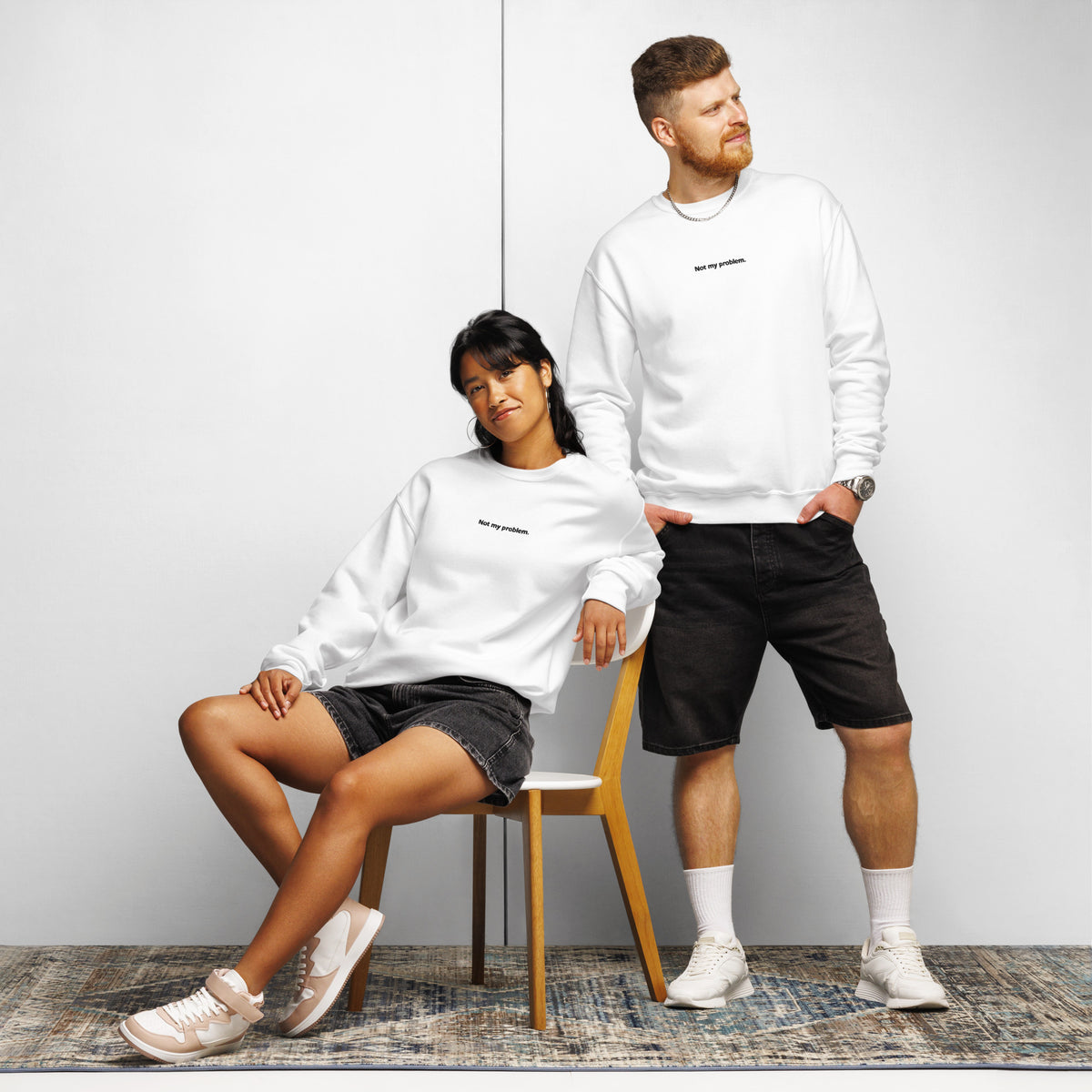 White Not My Problem embroidered crewneck sweatshirt, front view