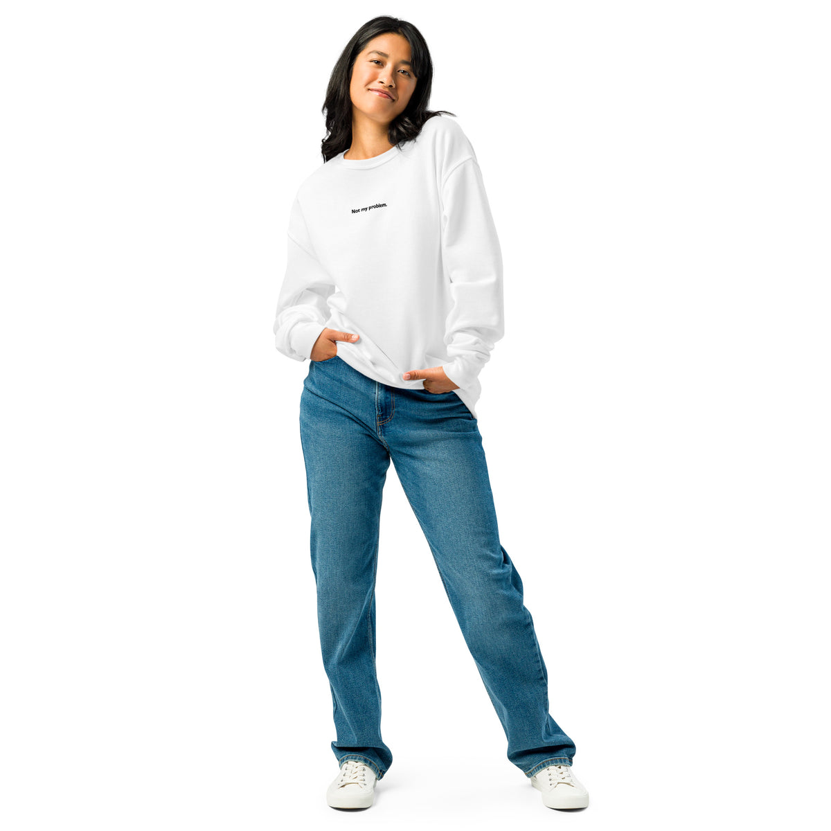 White Not My Problem embroidered crewneck sweatshirt, front view